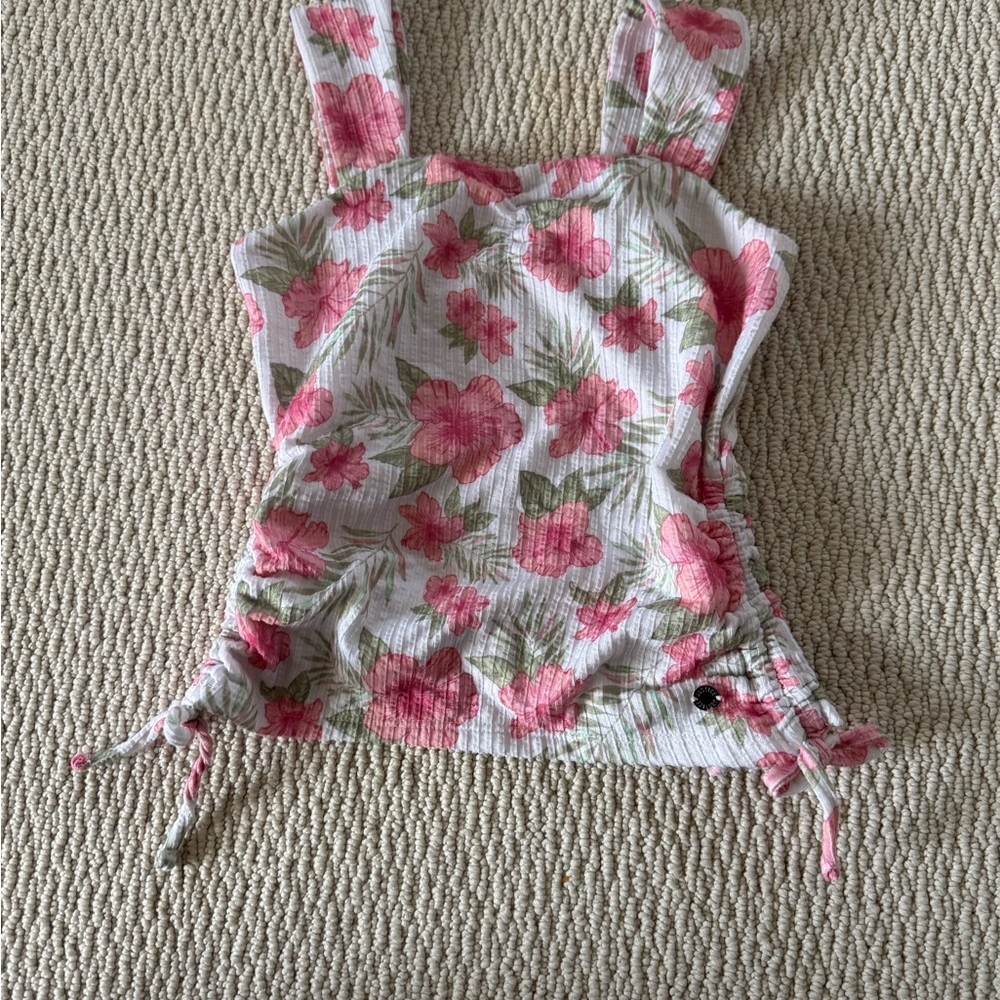 Justice White Tank Top with Pink Floral & Green Leaf Print